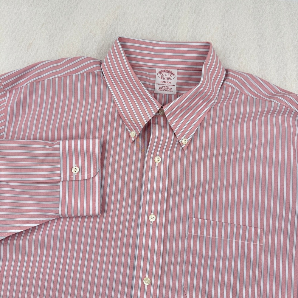 Brooks Brothers Madison Mens Non-Iron Dress Shirt 17.5-33 Pink Striped Supima